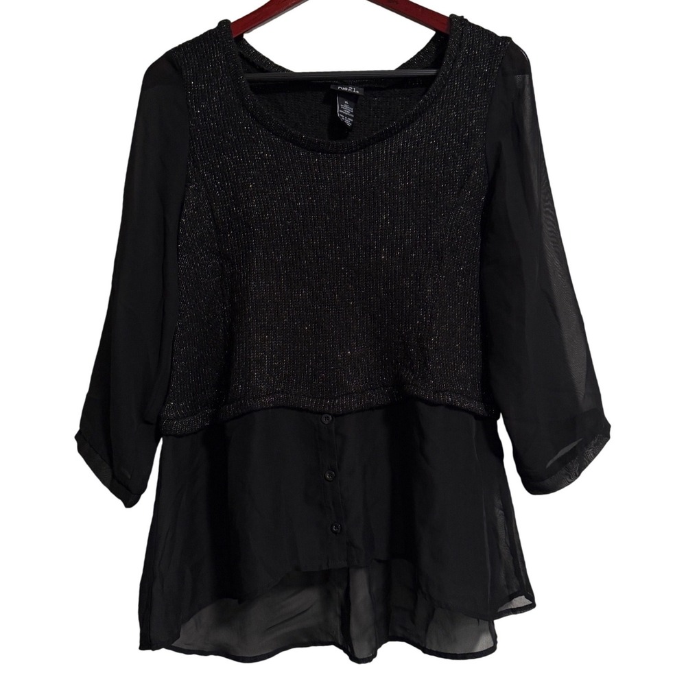 rue21‎ Womens XL Black Metallic Knit Sheer Chiffon Layered Blouse Top 3/4 Sleeve